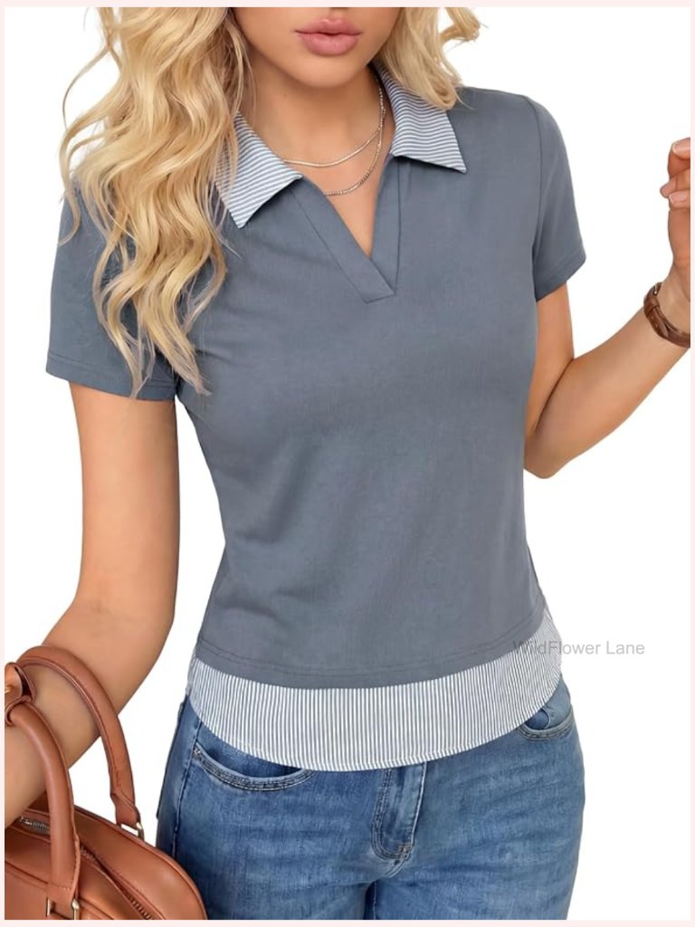 Striped V Neck Short Sleeve Patchwork Hem Blouse Top